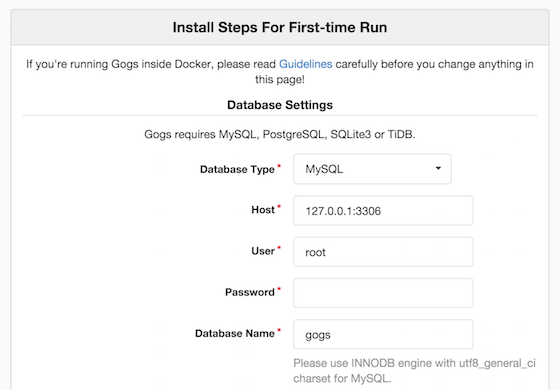 Gogs installation page Gogs installation page