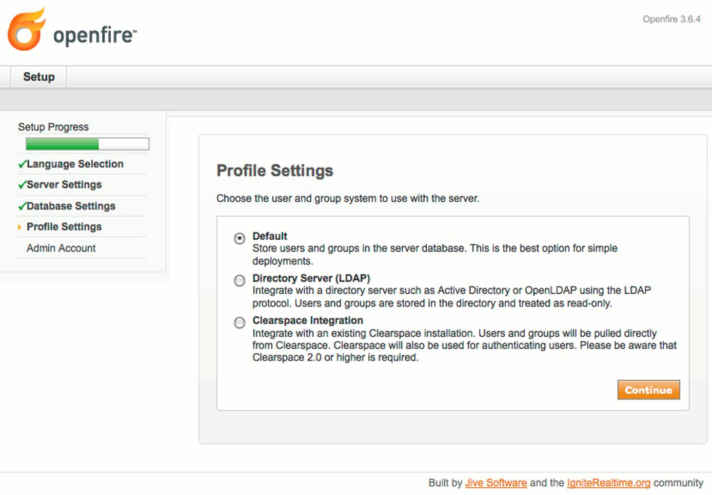 Profile storage selection in Openfire setup on Debian 5 (Lenny). Profile storage selection in Openfire setup on Debian 5 (Lenny).
