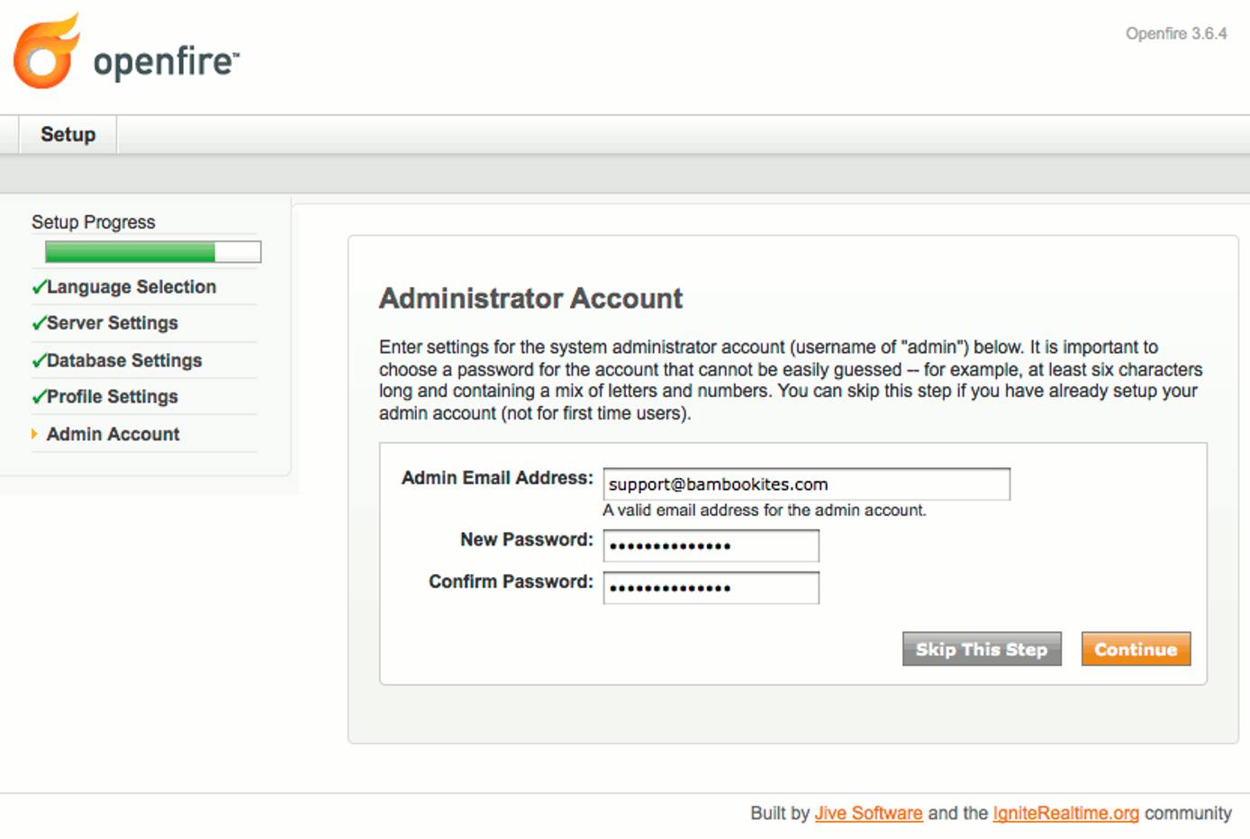 Administrator account settings in Openfire setup on Debian 5 (Lenny). Administrator account settings in Openfire setup on Debian 5 (Lenny).