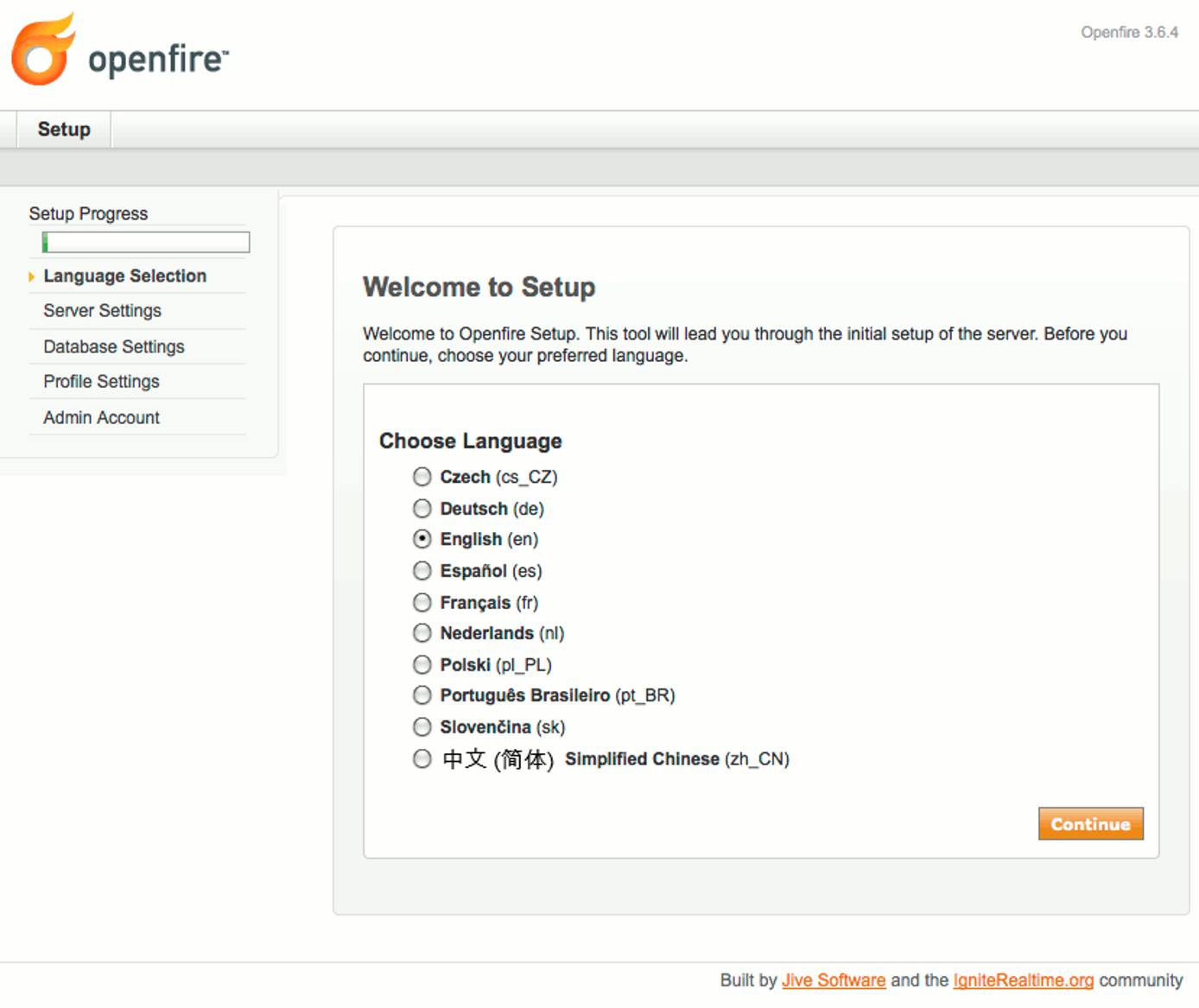 Language selection in Openfire setup on Ubuntu 9.10 (Karmic). Language selection in Openfire setup on Ubuntu 9.10 (Karmic).