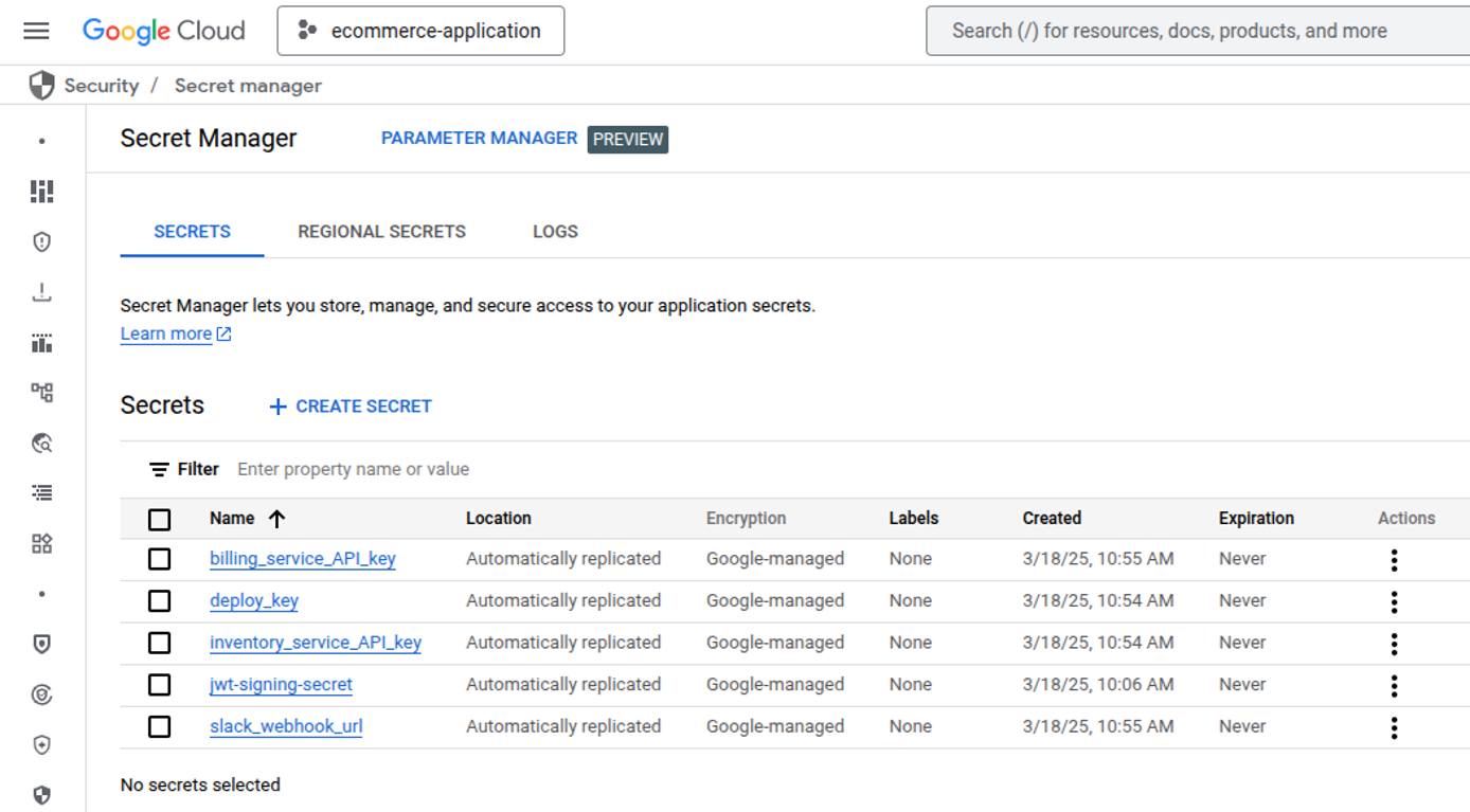 GCP Secret Manager UI showing list of stored secrets.