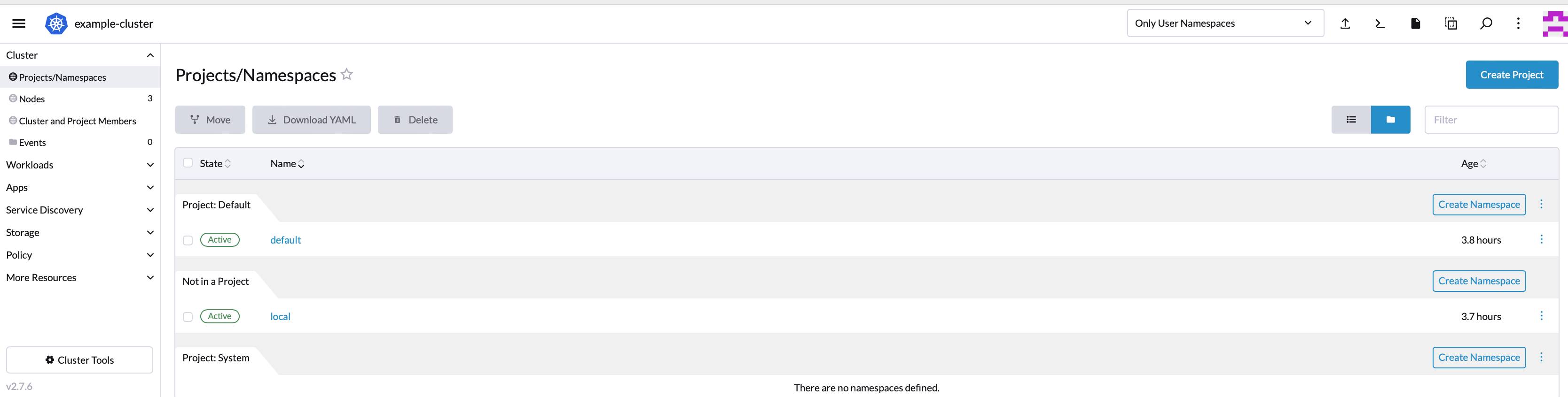 Rancher cluster selection menu - list of projects Rancher cluster selection menu - list of projects