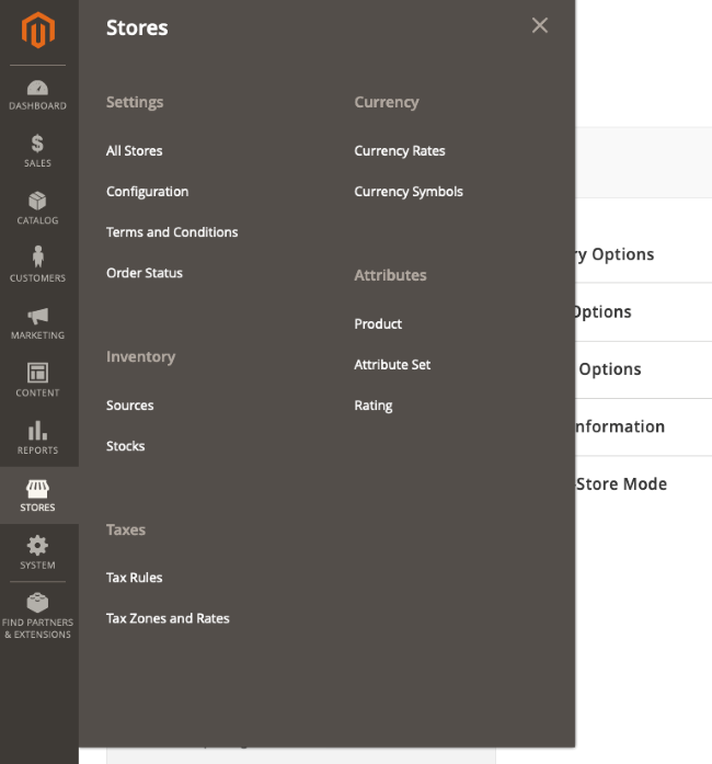Select Stores followed by Configuration menu. Select Stores followed by Configuration menu.