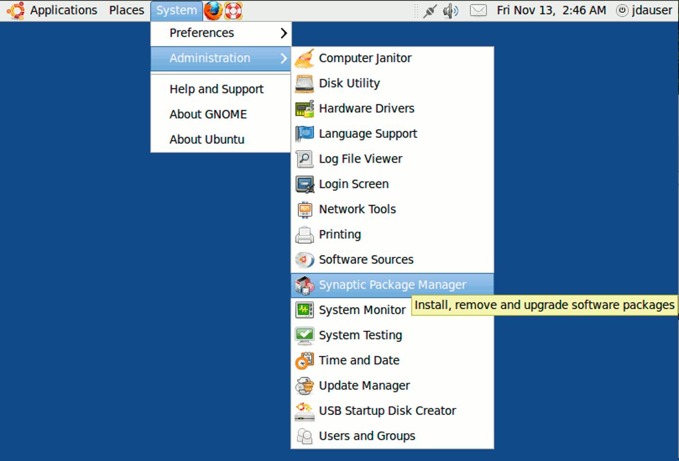 Launching Synaptic on Ubuntu 9.10 desktop edition. Launching Synaptic on Ubuntu 9.10 desktop edition.