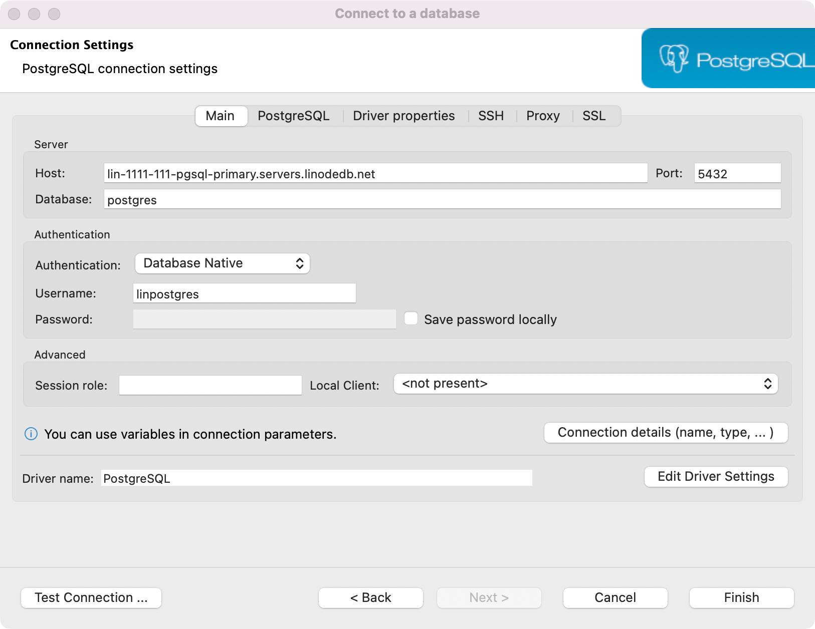 Screenshot of the DBeaver PostgreSQL connection details window Screenshot of the DBeaver PostgreSQL connection details window