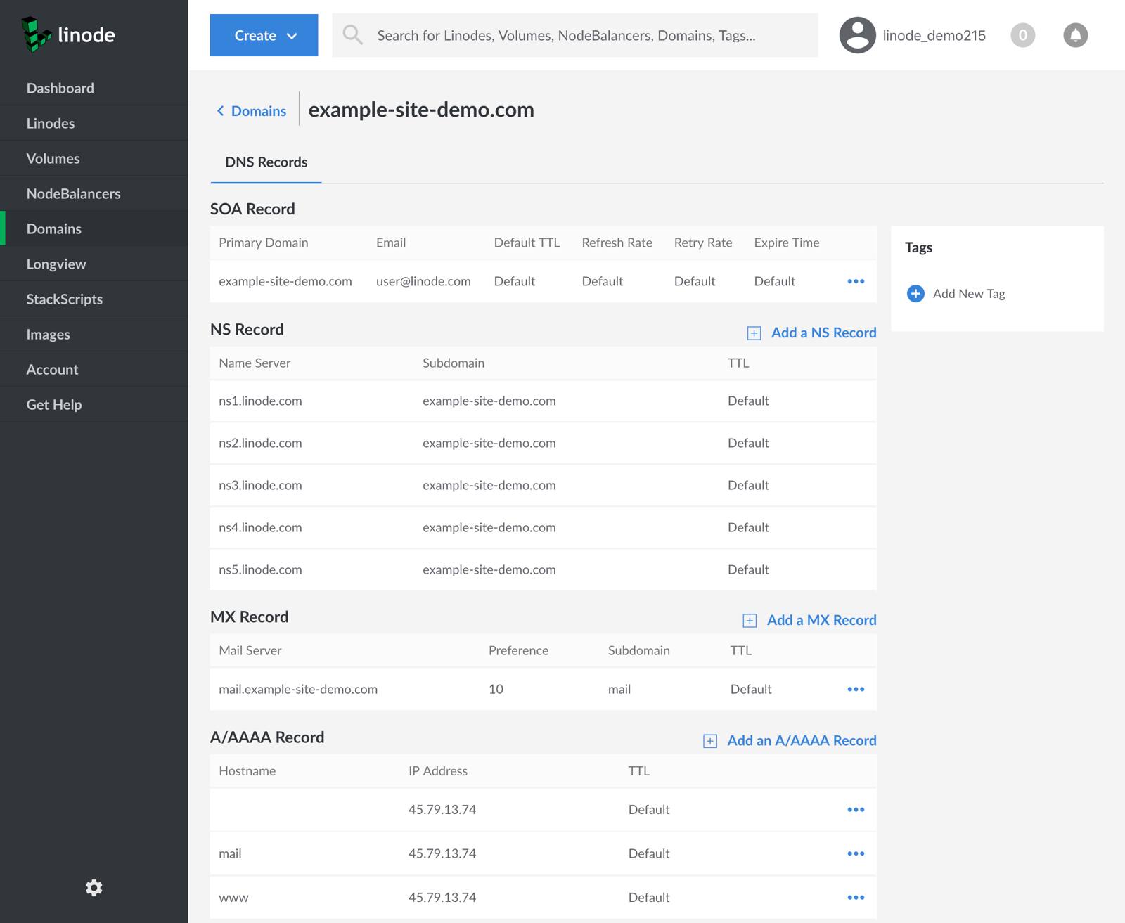 The SOA record is set to example-site-demo.com. The NS records are set to ns1.linode.com through ns5.linode.com, inclusive. The MX record is set to mail.example-site-demo.com. There are A records for [blank], which is the primary domain, and the mail and www subdomains. They are all set to the same IP.