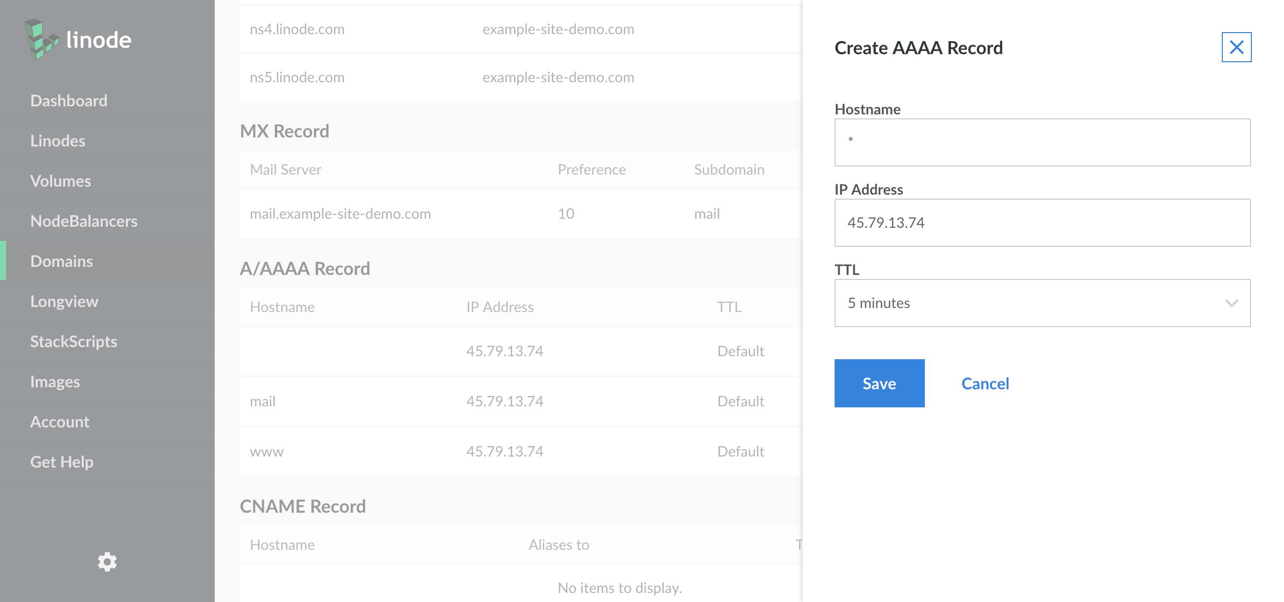 Create a new A record, following the instructions in the Adding section. Add a single asterisk (\*) in the Hostname field. Set your IP address in the IP Address field. Then click the Save Changes button.