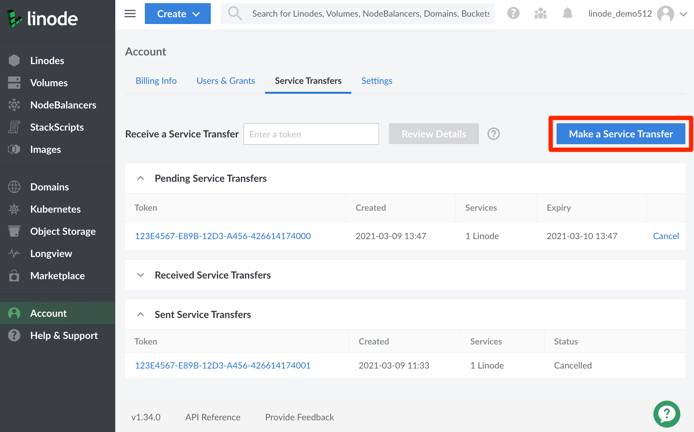 Selecting Make a Service Transfer initiates a transfer request.