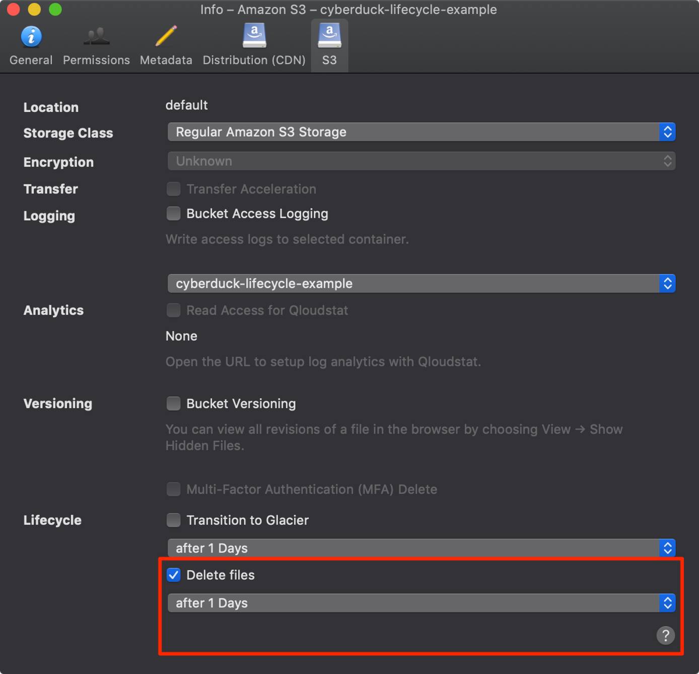 Click on the S3 tab and then check the box labeled Delete files. Click on the S3 tab and then check the box labeled Delete files.